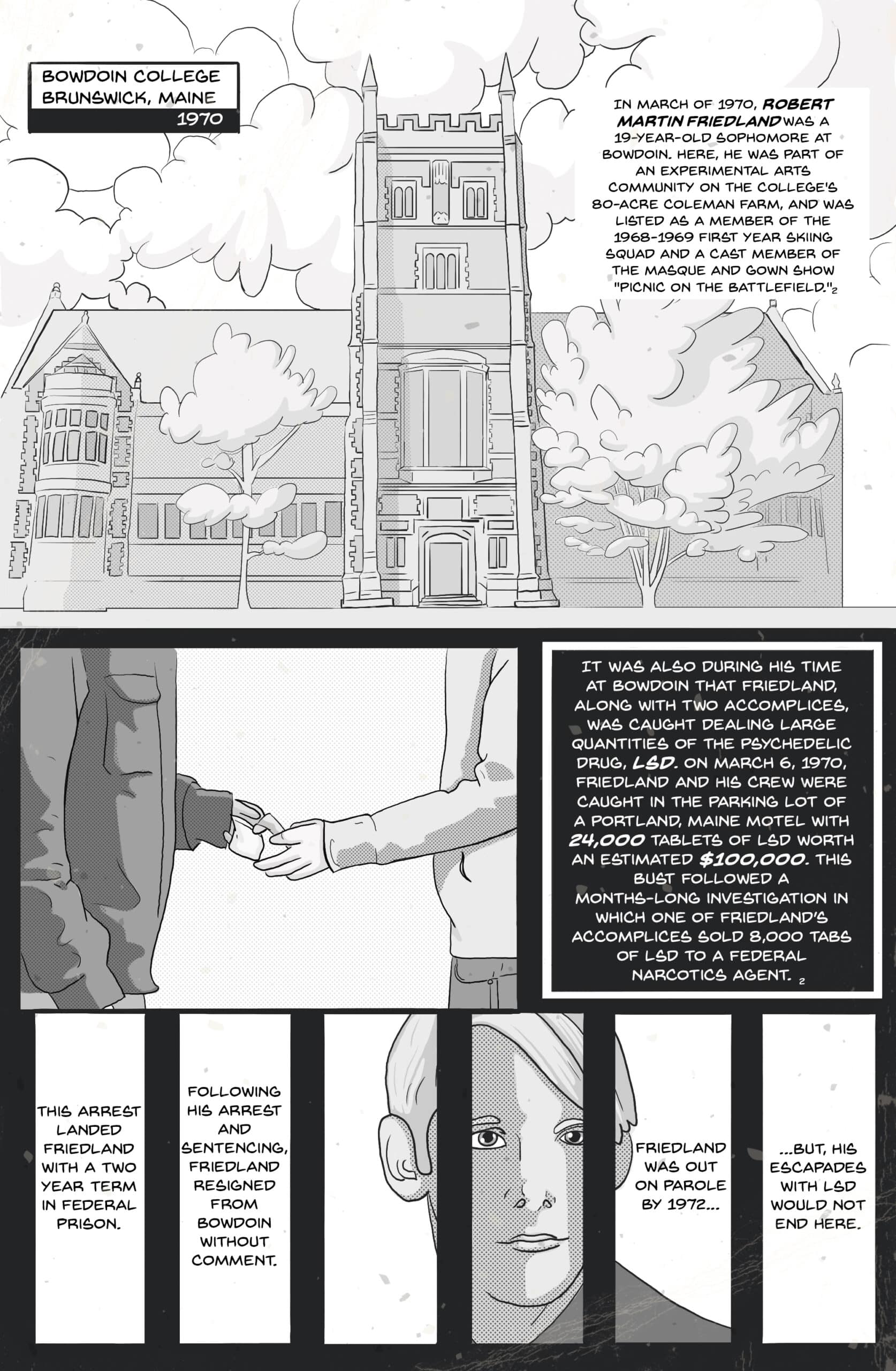 Comic page 1. Bowdoin College, Brunswick, Maine, 1970. In March 1970, Robert Martin Friedland was a 19-year-old sophomore at Bowdoin, part of an experimental arts community on the college’s 80-acre Coleman Farm. While at Bowdoin, Friedland and two accomplices were caught dealing large quantities of LSD: on March 6, 1970, they were caught in the parking lot of a Portland, Maine motel with 24,000 tablets of LSD worth an estimated $100,000, after a months-long investigation in which one accomplice sold 8,000 tabs to a federal narcotics agent. The arrest landed Friedland a two-year term in federal prison. He resigned from Bowdoin without comment and was out on parole by 1972… but his escapades with LSD would not end there.