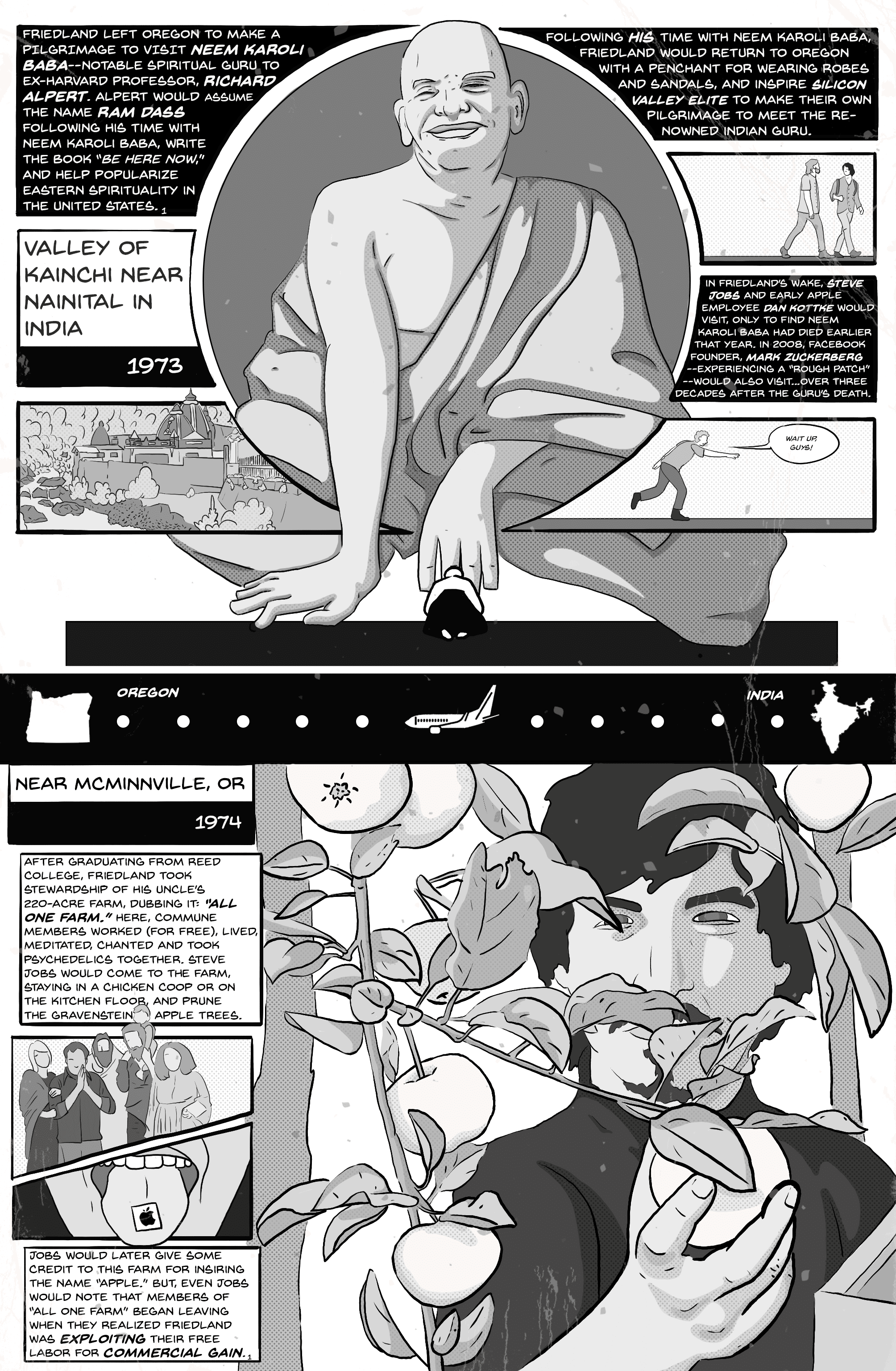 Comic page 3. Valley of Kainchi near Nainital, India, 1973. Friedland left Oregon on a pilgrimage to Neem Karoli Baba, spiritual guru to ex-Harvard professor Richard Alpert, who took the name Ram Dass, wrote “Be Here Now,” and helped popularize Eastern spirituality in the United States. Friedland returned to Oregon with a penchant for robes and sandals and inspired Silicon Valley elites to make their own pilgrimages: Steve Jobs and early Apple employee Dan Kottke visited, only to find the guru had died that year, and in 2008 Mark Zuckerberg visited during a “rough patch.” Near McMinnville, Oregon, 1974: after graduating from Reed, Friedland took stewardship of his uncle’s 220-acre farm, dubbing it “All One Farm,” where commune members worked for free, meditated, chanted and took psychedelics together. Jobs stayed there and pruned the Gravenstein apple trees, and later gave the farm some credit for the name “Apple,” but noted that members began leaving when they realized Friedland was exploiting their free labor for commercial gain.