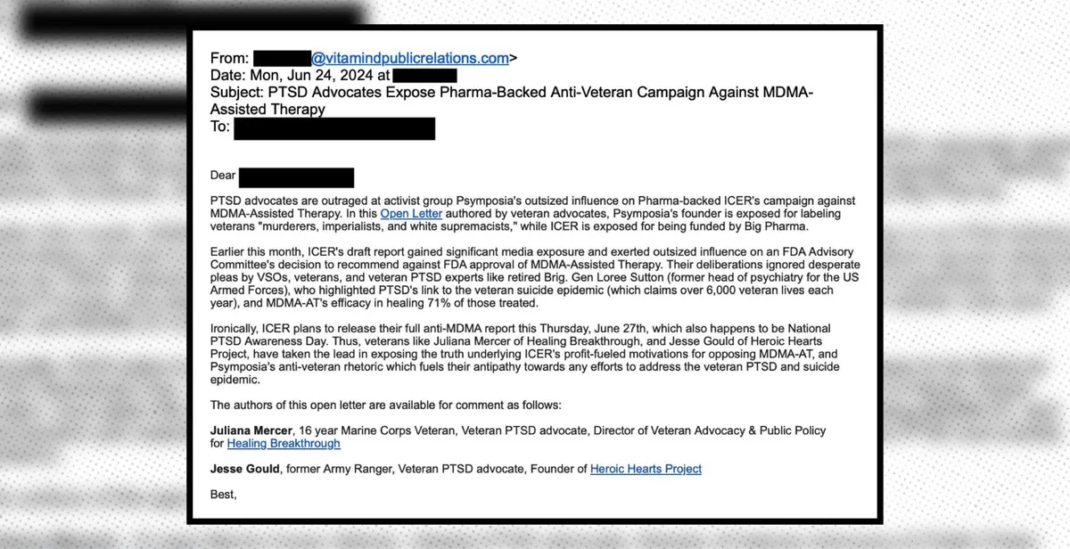 PR email from Vitamin D Public Relations accusing Psymposia of an anti-veteran campaign