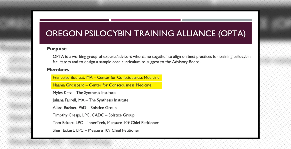 Slide listing Oregon Psilocybin Training Alliance members, including Francoise Bourzat