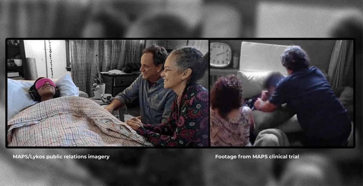 Side-by-side: polished MAPS/Lykos publicity photo versus grainy MAPS clinical trial footage