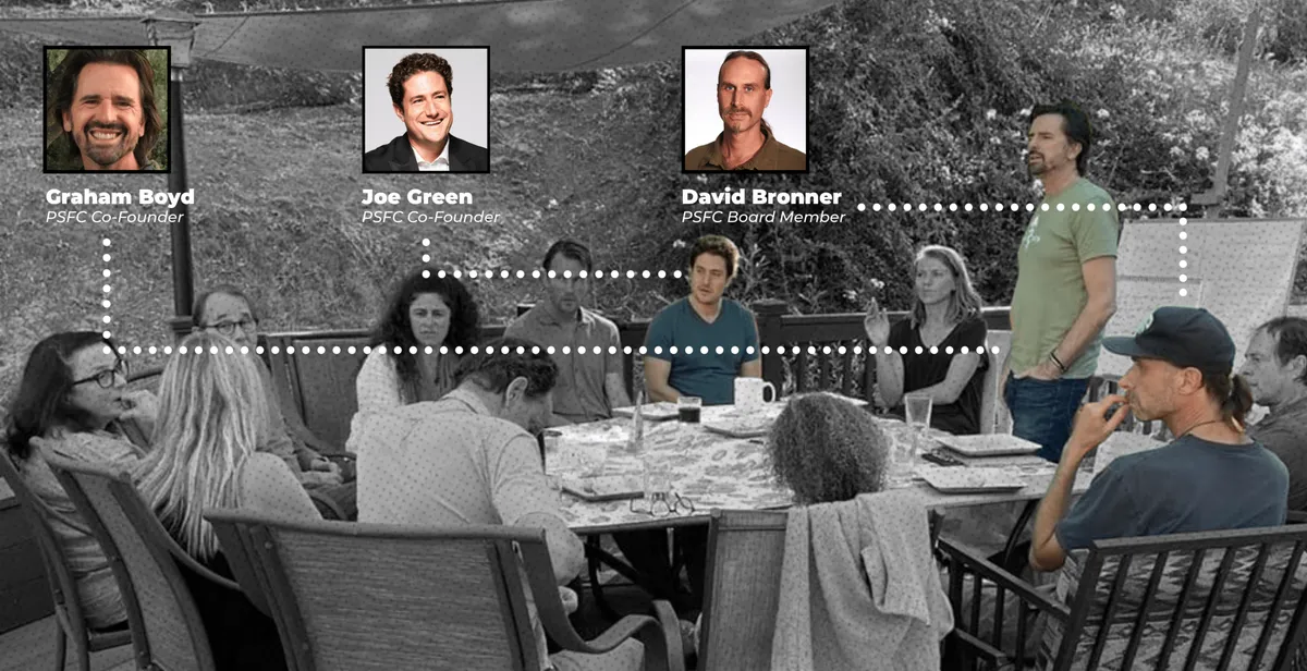 Photo of a PSFC gathering, labeling co-founders Graham Boyd and Joe Green and member David Bronner