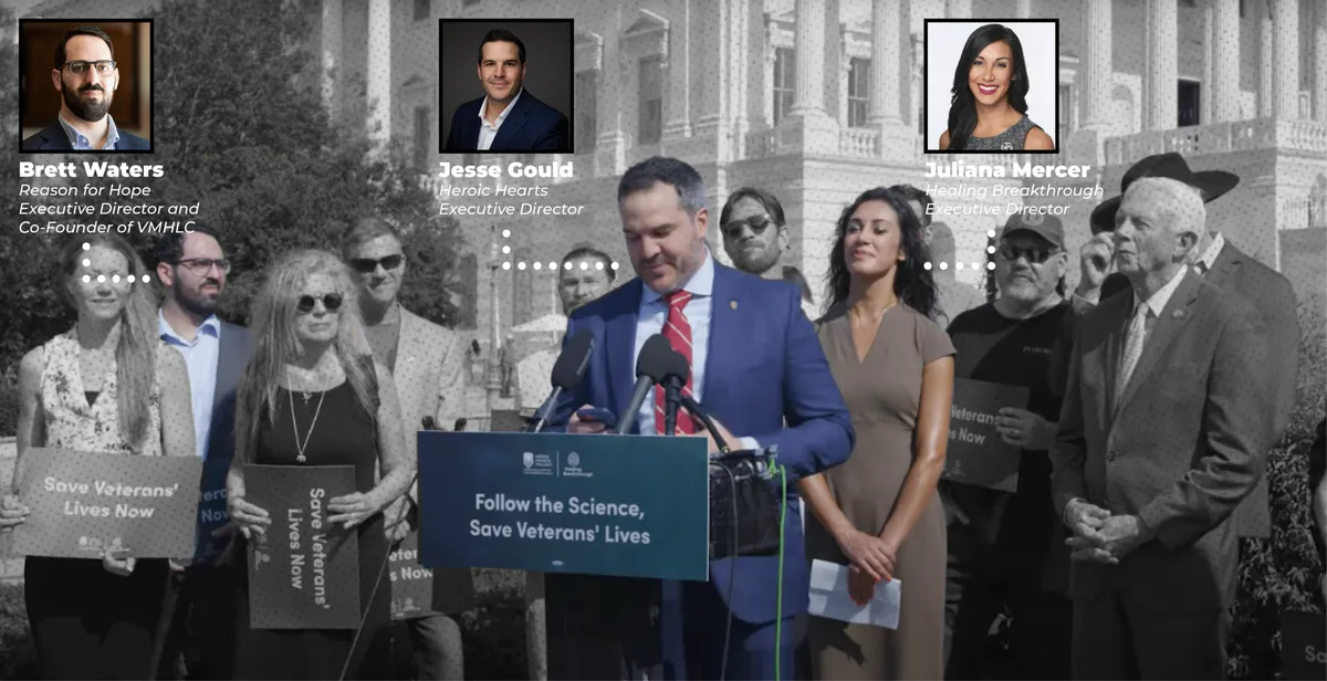 Photo of a Capitol Hill press conference with Brett Waters, Jesse Gould, and Juliana Mercer