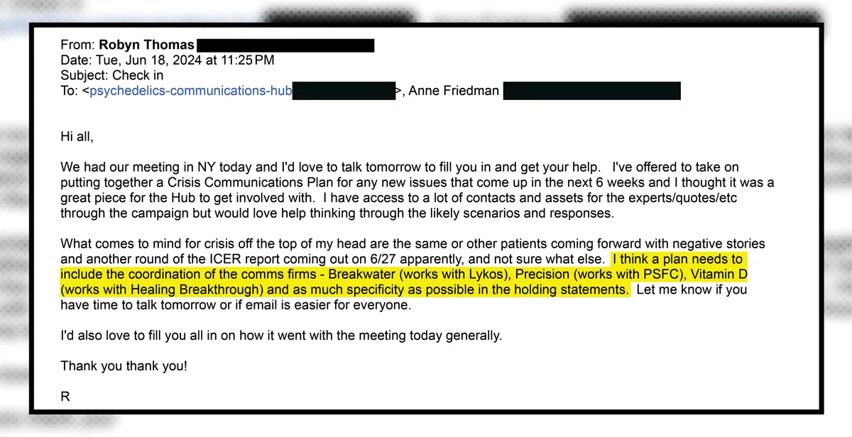 Email from Robyn Thomas proposing a crisis-communications plan naming firms Breakwater, Precision, Vitamin D