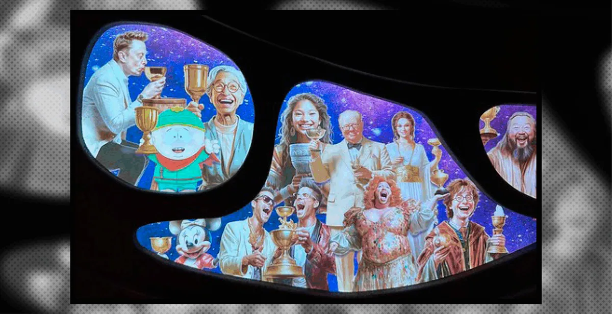 AI-generated mural of celebrities and cartoon characters drinking from golden chalices