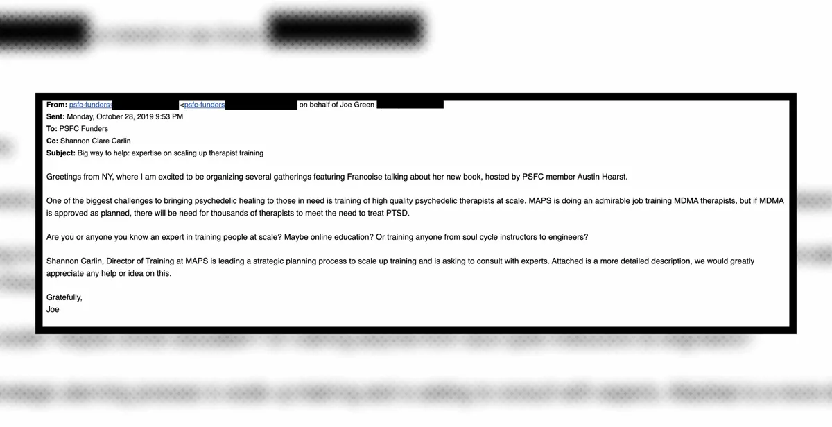 Screenshot of a 2019 email from Joe Green to PSFC funders about scaling MDMA therapist training
