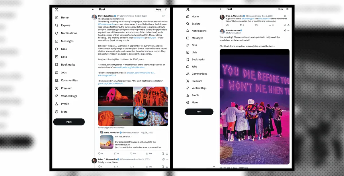 Tweets between Steve Jurvetson and author Brian Muraresku about a Burning Man art installation