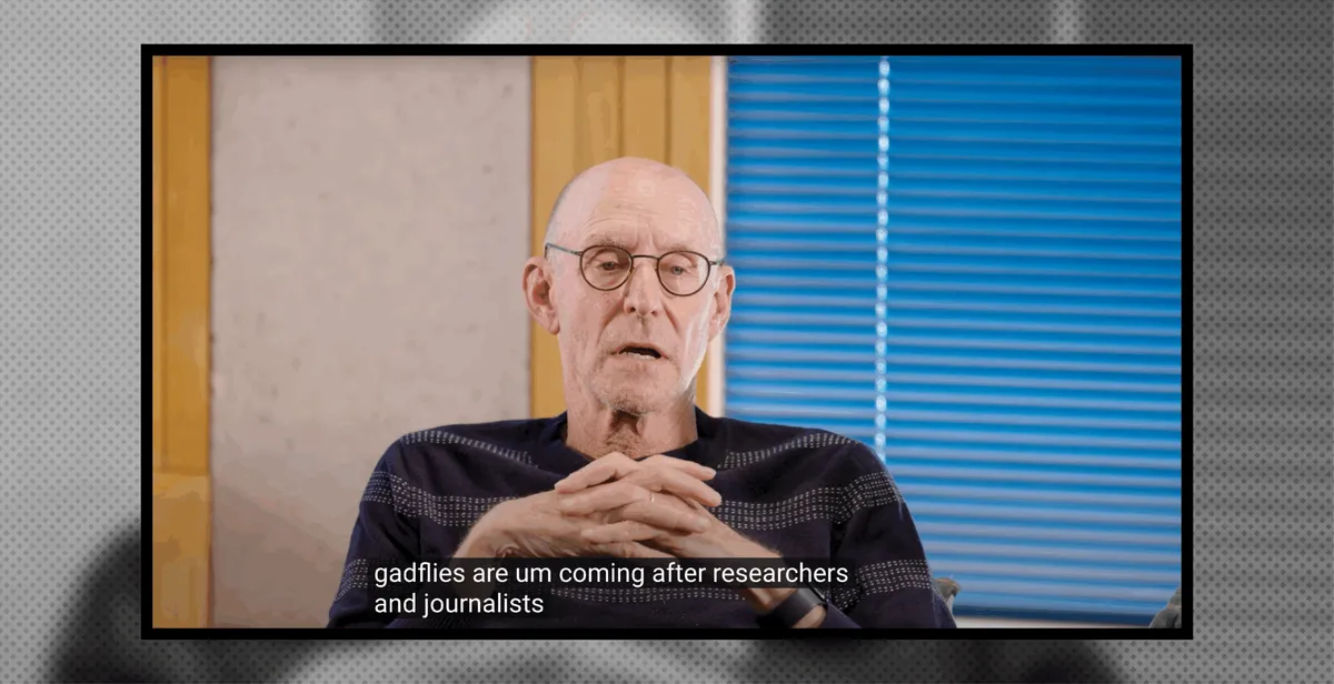 Video still of Michael Pollan, captioned gadflies are coming after researchers and journalists