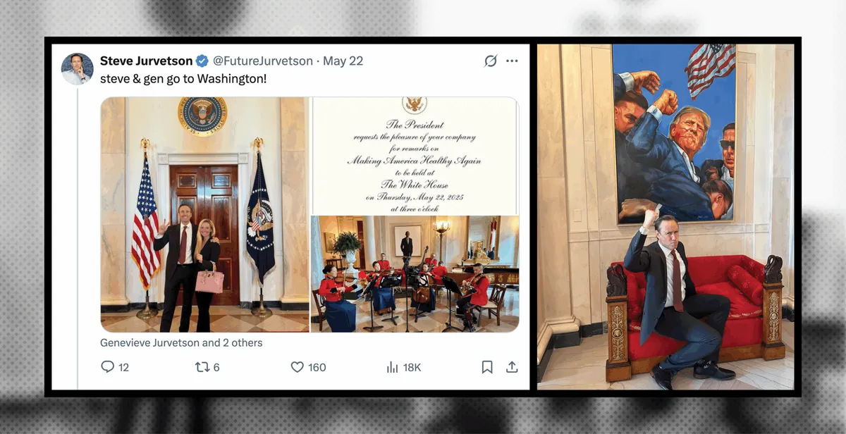 Tweet of Steve and Genevieve Jurvetson at the White House, next to a photo of a man before a painting