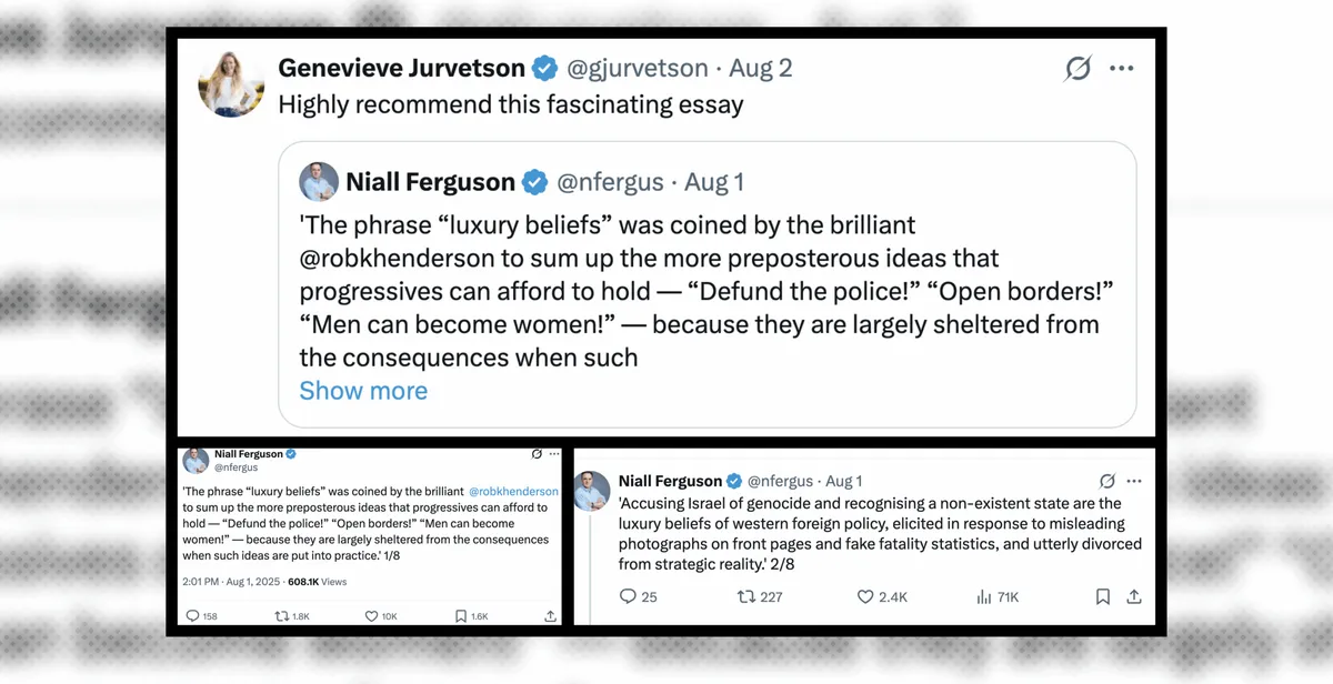 Tweet: Genevieve Jurvetson shares Niall Ferguson's essay on luxury beliefs