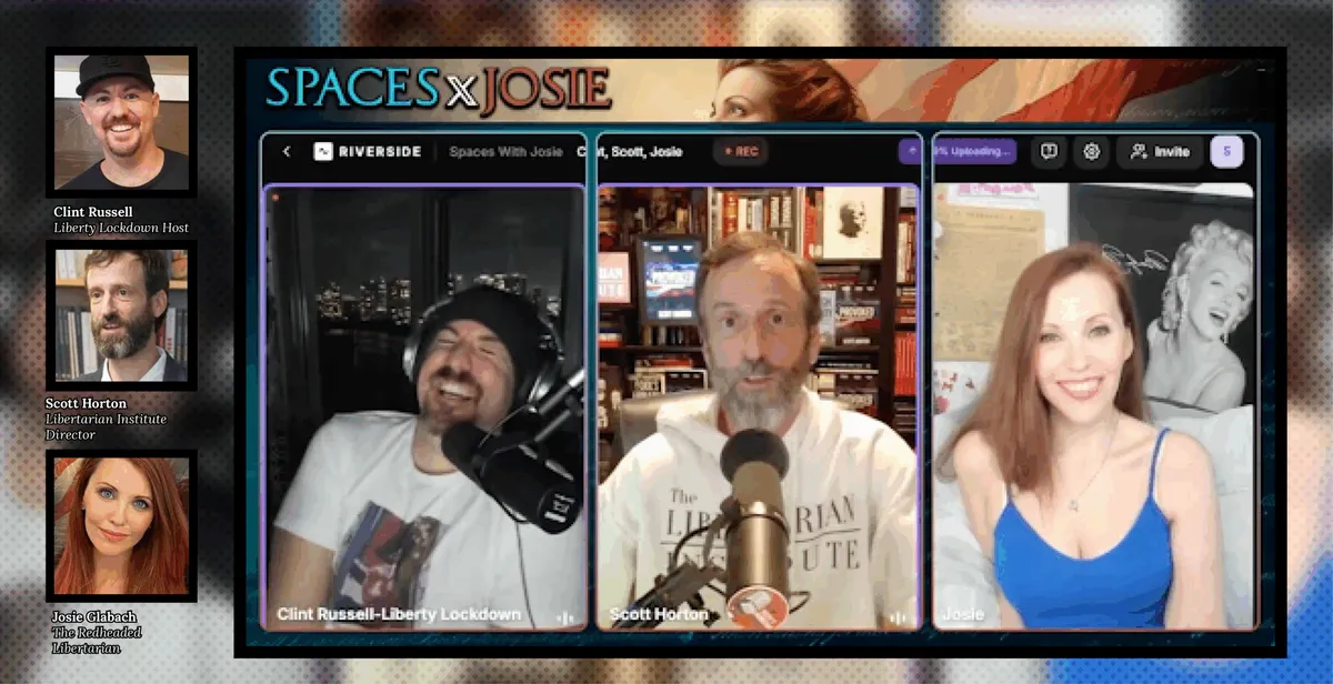 Screenshot of the Spaces x Josie podcast with hosts Clint Russell, Scott Horton, and Josie Glabach