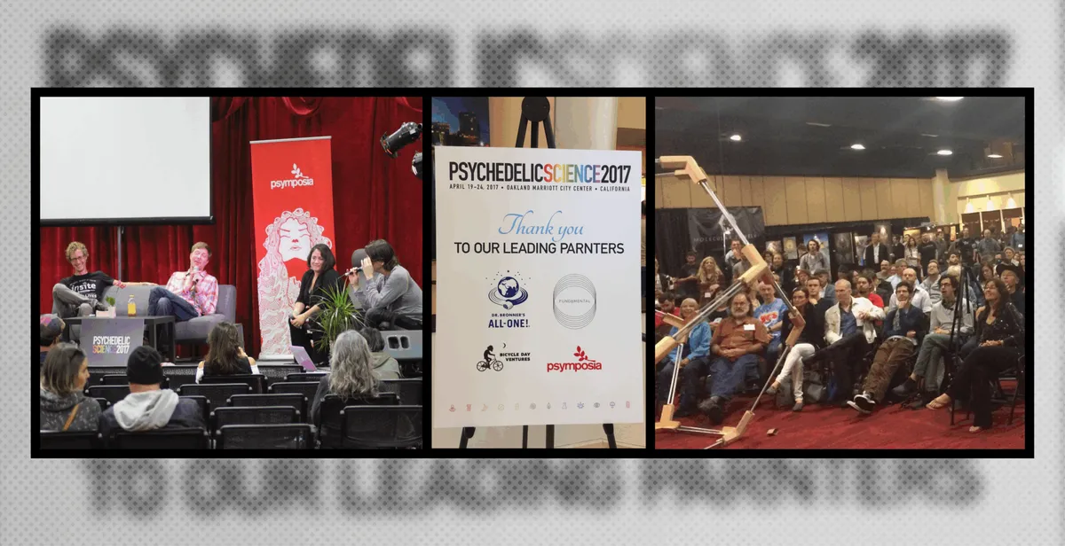 Photo collage from Psychedelic Science 2017: panel talk, sponsor sign, and conference crowd