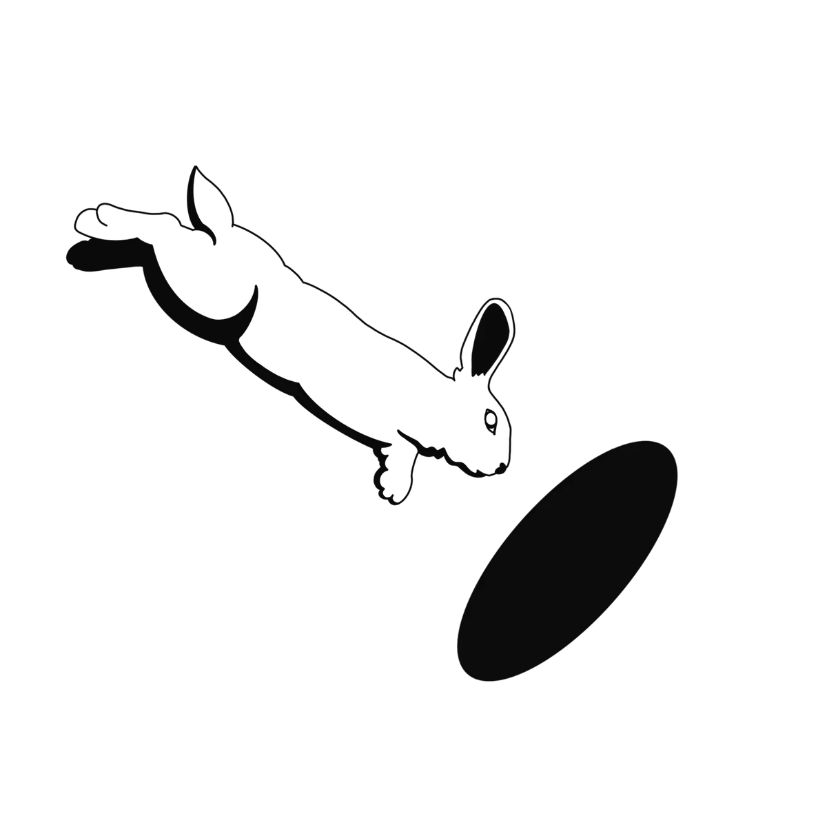Line drawing of a white rabbit leaping toward a black hole