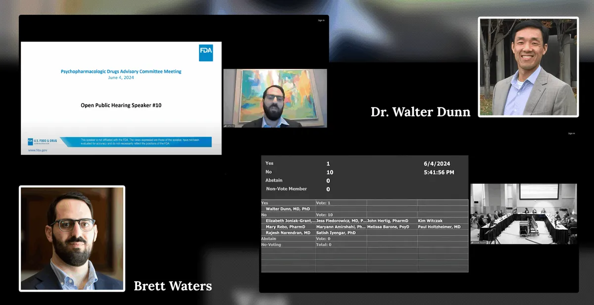 Collage: FDA hearing screen, headshots of Dr. Walter Dunn and Brett Waters, and the 1-10 vote tally